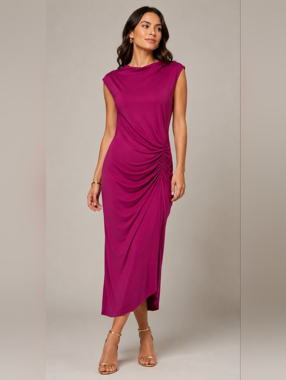 Premier Armour Women's Magenta Ruched Side Maxi Dress Elegant Evening NWT